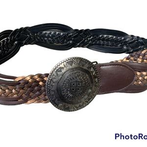Vintage genuine leather braided belt large round buckle brown/copper boho rustic